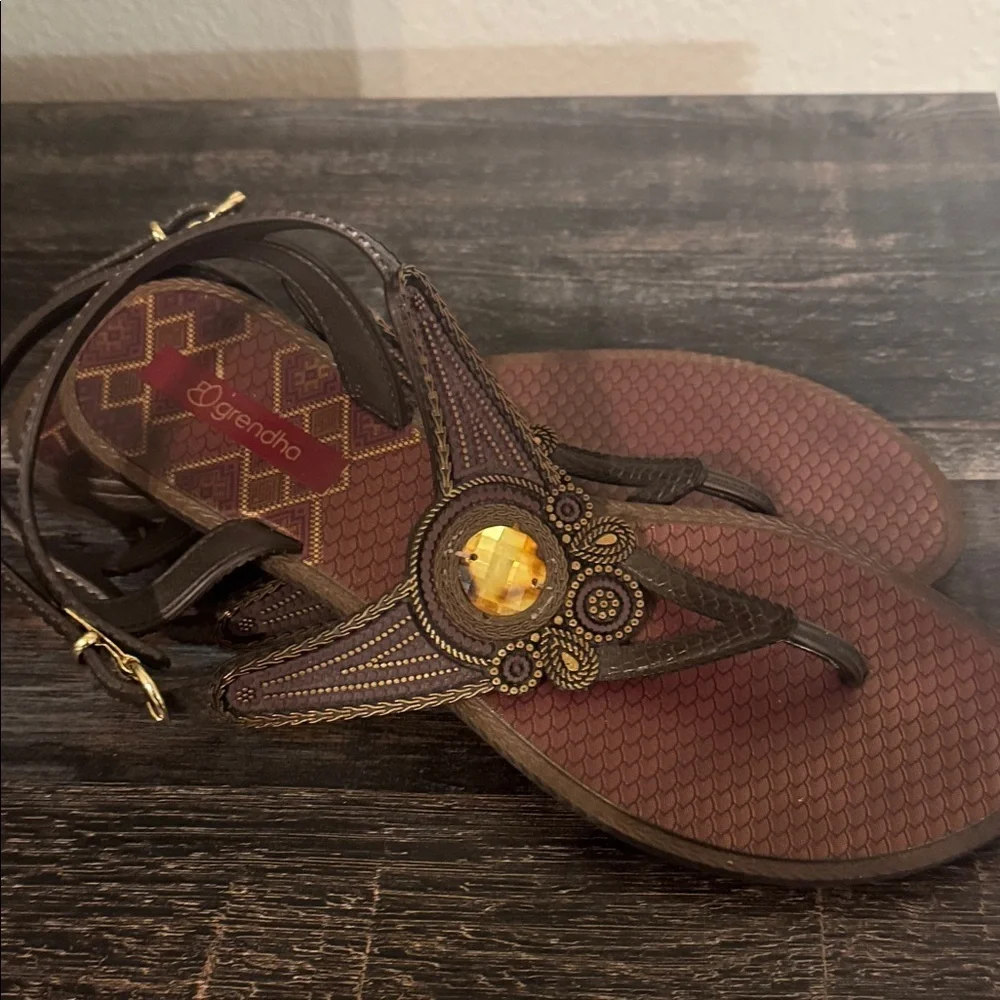 Dark Brown Sandals with Gold Accents
